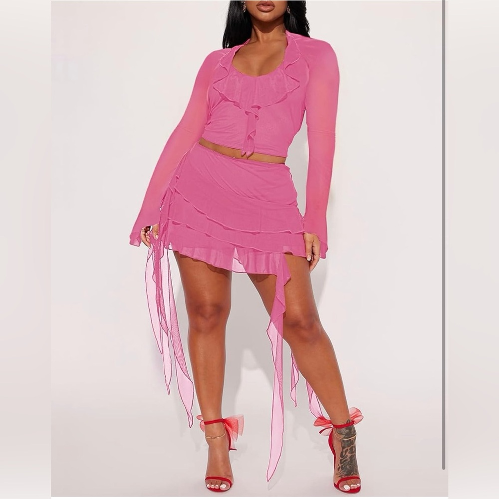 Sexy mesh Mini Dresses Date Night Ruffle Hem Cocktail Dress 2 Piece Skirt Sets - Picture 4 of 5